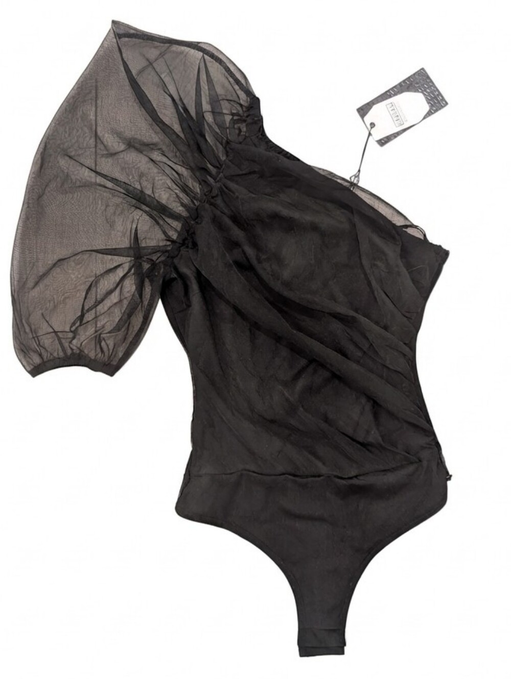 NAANAA Black One-Shoulder Puff Sleeve Thong Bodysuit
